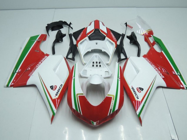 Carenagem Ducati 848 1098 1198 2007-2014 - Branco & Vermelho & Verde Listra Carenagem Ducati 848 1098 1198 2007-2014 - Branco & Vermelho & Verde Listra