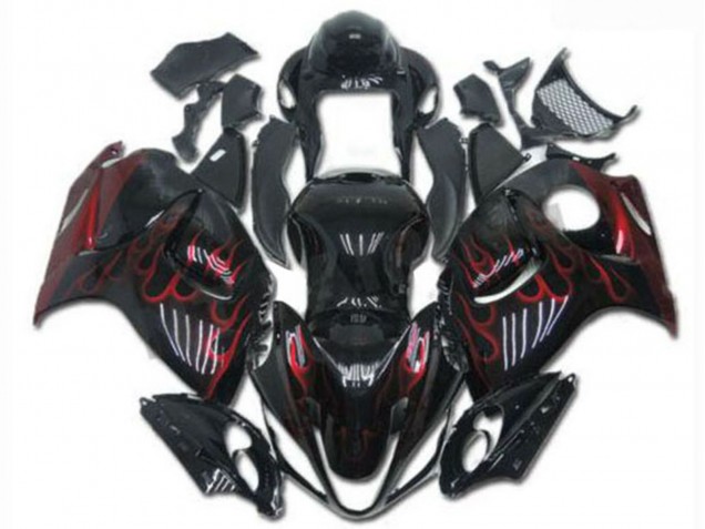 Lojas Carenagens Moto Suzuki GSXR 1300 Hayabusa 2008-2020 - Preto Brilhante Vermelho Chama