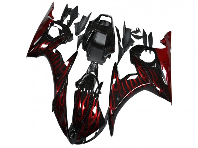 Lojas Carenagem Moto Yamaha YZF R6 2003-2004 - Preto Brilhante Vermelho Chama