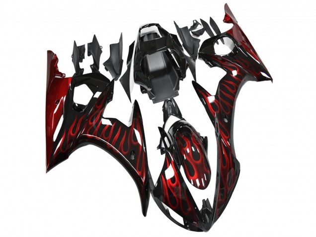 Lojas Carenagem Moto Yamaha YZF R6 2003-2004 - Preto Brilhante Vermelho Chama