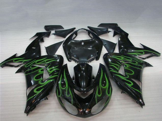 Lojas Carenagens Moto Kawasaki ZX10R 2006-2007 - Preto Brilhante Verde Chama