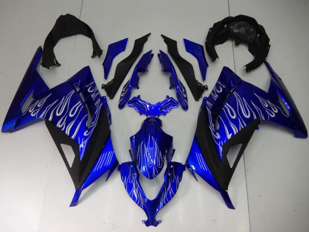 Lojas Carenagens Moto Kawasaki Ninja 300 EX300R 2013-2024 - Azul Preto Branco Chama