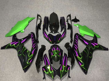 Lojas Carenagens Moto Suzuki GSXR 600 / GSXR 750 2008-2010 - Preto Brilhante Verde Roxo Chama