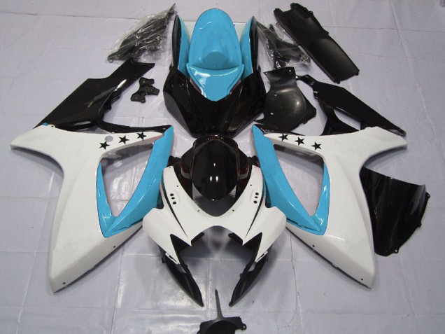 Lojas Carenagens Moto Suzuki GSXR 600 / GSXR 750 2006-2007 - Azul Claro Branco Preto Brilhante Estrela