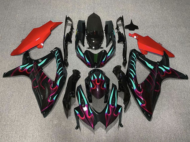 Lojas Carenagens Moto Suzuki GSXR 600 / GSXR 750 2008-2010 - Preto Brilhante Vermelho Ciano Chama