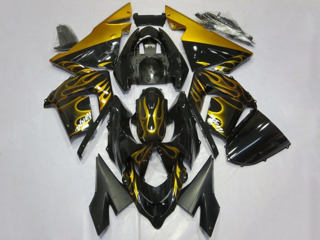 Lojas Carenagens Moto Kawasaki ZX10R 2004-2005 - Preto Brilhante Ouro Chama