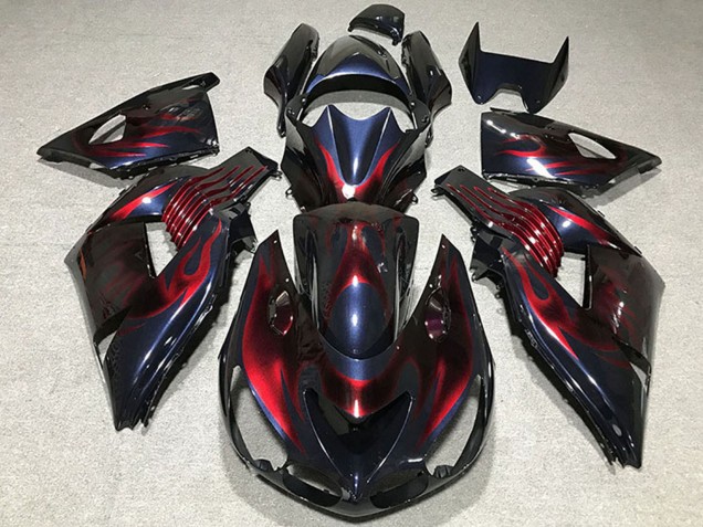 Lojas Carenagens Moto Kawasaki ZX14R 2006-2011 - Camaleão Azul Preto Vermelho Chama