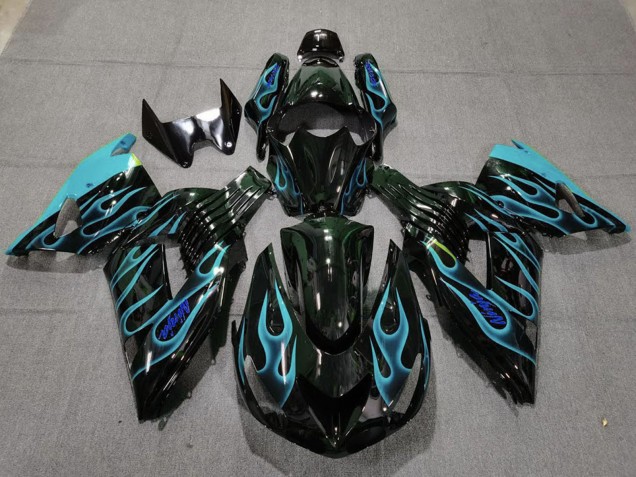 Lojas Carenagens Moto Kawasaki ZX14R 2006-2011 - Preto Brilhante Azul Claro Chama