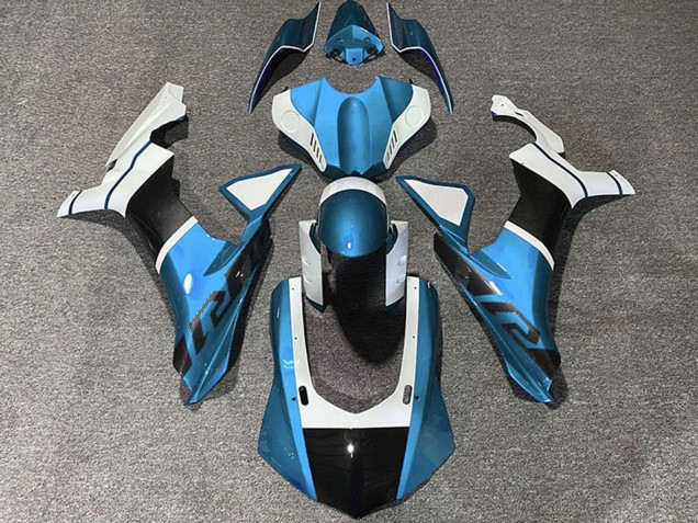 Lojas Carenagens Moto Yamaha R1 2015-2019 - Azul Claro Branco Fibra de Carbono Accents