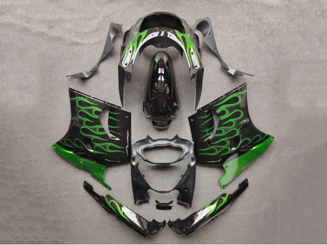 Lojas Carenagens Moto Kawasaki ZZR1100 1993-2003 - Preto Brilhante Verde Chama