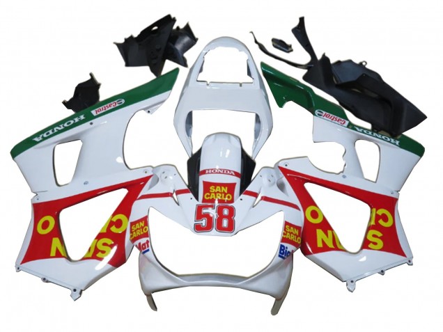 Lojas Carenagens Moto Honda CBR900RR 929 2000-2001 - Branco Vermelho Verde Castrol San Carlo