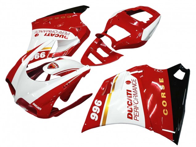 Lojas Carenagens Moto Ducati 996 1993-2005 - Branco Vermelho Ouro Preto Brilhante Corse Performance