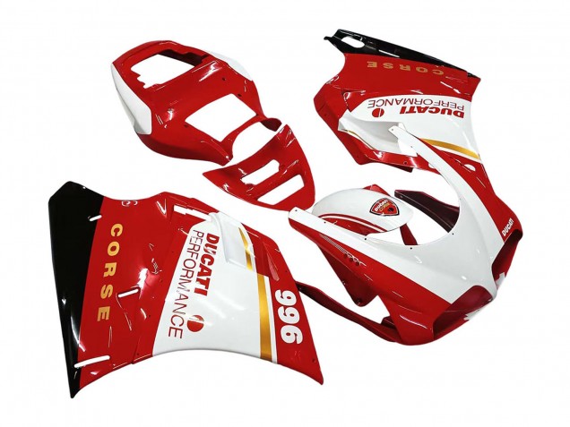 Lojas Carenagens Moto Ducati 996 1993-2005 - Branco Vermelho Ouro Preto Brilhante Corse Performance