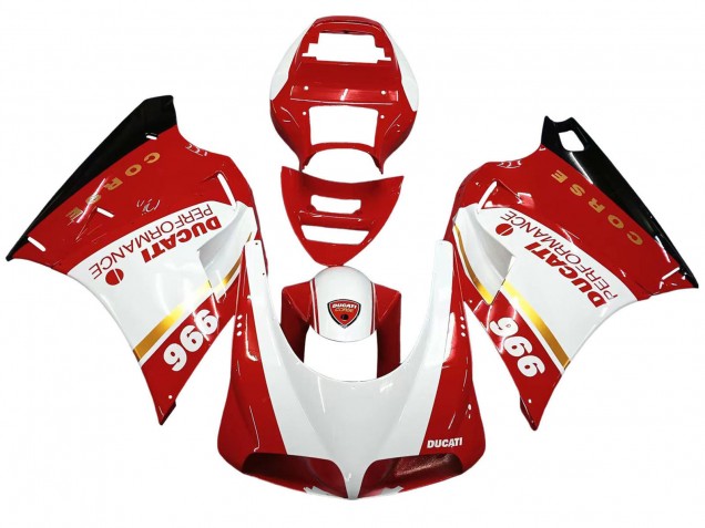 Lojas Carenagens Moto Ducati 996 1993-2005 - Branco Vermelho Ouro Preto Brilhante Corse Performance