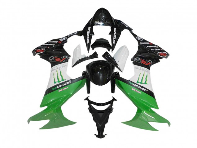 Lojas Carenagens Moto Kawasaki ZX10R 2008-2010 - Preto Brilhante Branco Verde Monstro