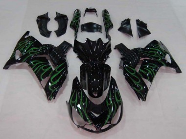 Lojas Carenagem Moto Kawasaki ZX14R ZZR1400 2006-2011 - Preto Brilhante Verde Chama