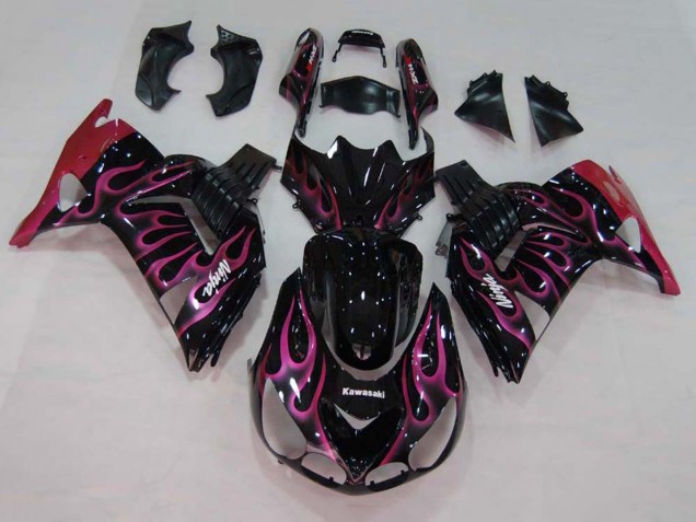 Lojas Carenagens Moto Kawasaki ZX14R ZZR1400 2006-2011 - Preto Brilhante Vermelho Rosa Chama