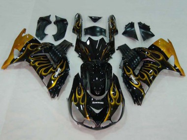 Lojas Carenagens Moto Kawasaki ZX14R ZZR1400 2006-2011 - Preto Brilhante Ouro Chama