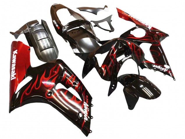 Lojas Carenagens Moto Kawasaki ZX6R 2003-2004 - Preto Brilhante Vermelho Chama