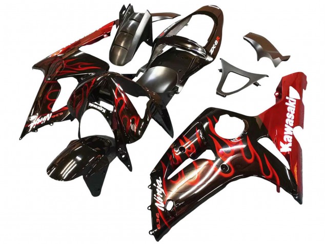 Lojas Carenagens Moto Kawasaki ZX6R 2003-2004 - Preto Brilhante Vermelho Chama