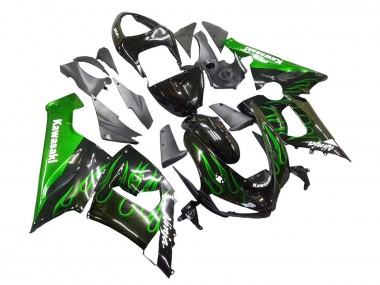 Lojas Carenagem Moto Kawasaki ZX6R 2005-2006 - Preto Brilhante Verde Chama