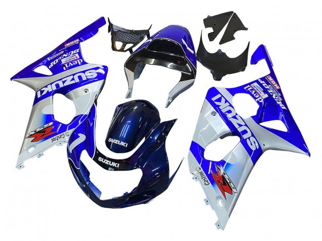 Lojas Carenagens Moto Suzuki GSXR1000 2000-2002 - Azul Branco Prata Castrol Dunlop