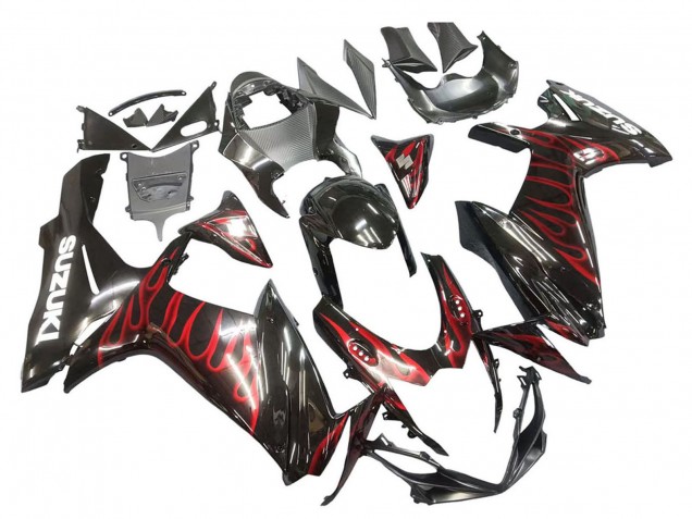 Lojas Carenagens Moto Suzuki GSXR 600 / GSXR 750 2011-2024 - Preto Brilhante Vermelho Chama