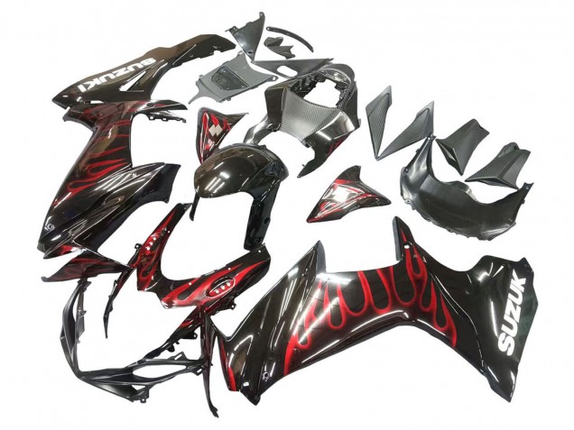 Lojas Carenagens Moto Suzuki GSXR 600 / GSXR 750 2011-2024 - Preto Brilhante Vermelho Chama