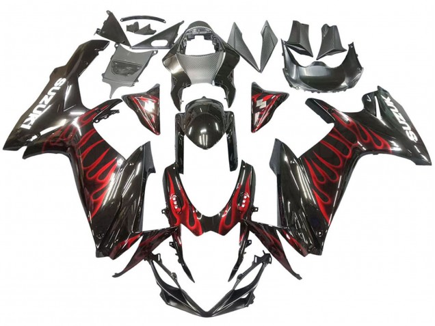 Lojas Carenagens Moto Suzuki GSXR 600 / GSXR 750 2011-2024 - Preto Brilhante Vermelho Chama