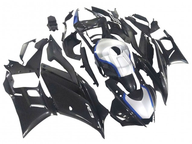 Lojas Carenagens Moto Yamaha YZF R3/R25 2022-2024 - Preto Fibra de Carbono Estilo Prata Azul