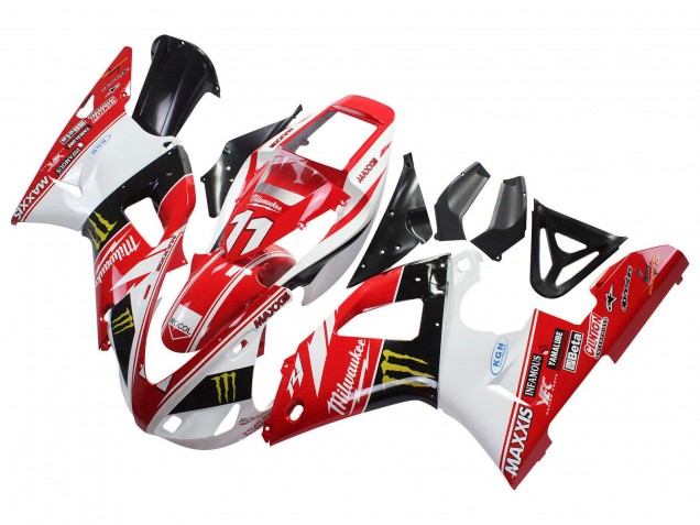 Lojas Carenagens Moto Yamaha YZF 1000 R1 1998-1999 - Vermelho Branco Preto Amarelo Monstro Milwaukee MAXXIS 11