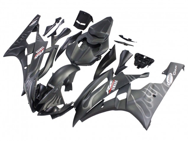 Lojas Carenagens Moto Yamaha YZF 600 R6 2006-2007 - Preto Fosco Prata Chama
