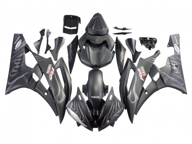 Lojas Carenagens Moto Yamaha YZF 600 R6 2006-2007 - Preto Fosco Prata Chama