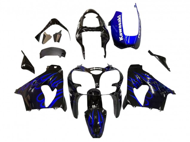 Lojas Carenagens Moto Kawasaki ZX9R 2000-2001 - Preto Brilhante Azul Chama Branco