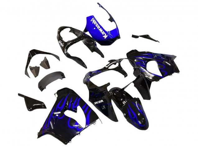 Lojas Carenagens Moto Kawasaki ZX9R 2000-2001 - Preto Brilhante Azul Chama Branco