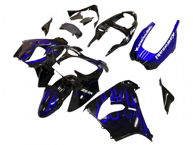 Lojas Carenagens Moto Kawasaki ZX9R 2000-2001 - Preto Brilhante Azul Chama Branco