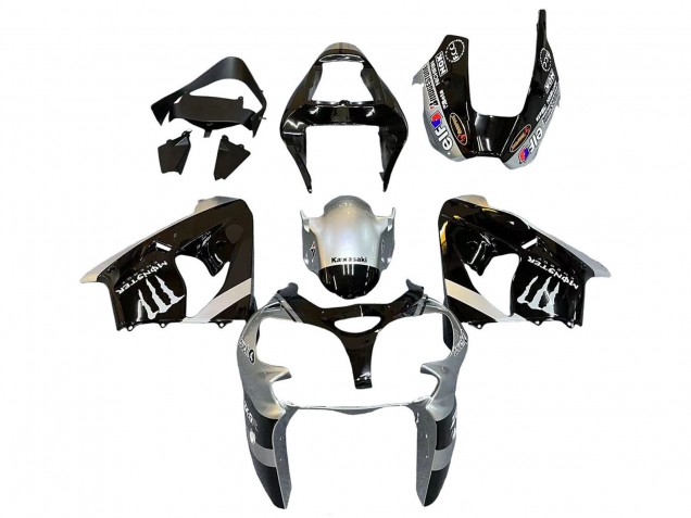 Lojas Carenagens Moto Kawasaki ZX9R 2002-2003 - Prata Preto Brilhante Monstro Elf
