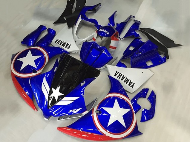 Lojas Carenagens Moto Yamaha YZF R1 2009-2011 - Azul Branco Vermelho Preto Estrela Captain America