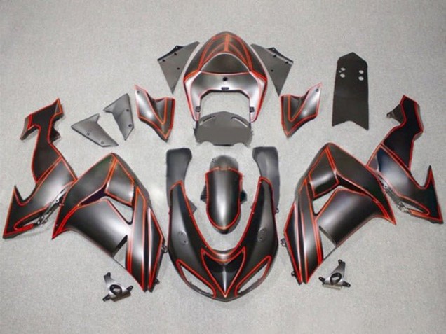 Lojas Carenagens Moto Kawasaki ZX10R 2006-2007 - Preto Fosco Vermelho Risca de giz