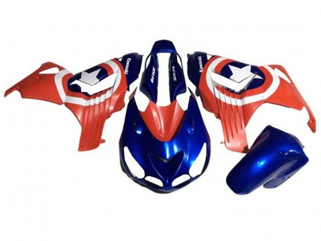 Lojas Carenagens Moto Kawasaki ZX14R ZZR1400 2006-2011 - Azul Vermelho Branco Estrela Captain America