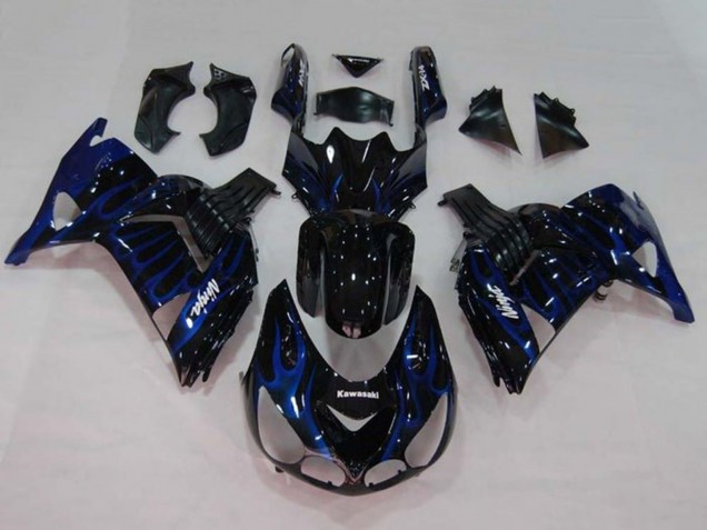 Lojas Carenagens Moto Kawasaki ZX14R ZZR1400 2006-2011 - Preto Brilhante Azul Chama