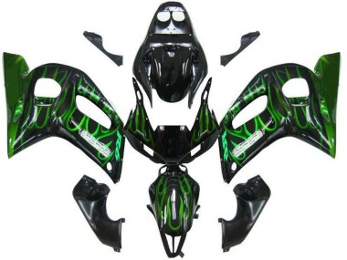 Lojas Carenagens Moto Yamaha YZF 600 R6 1998-2002 - Preto Brilhante Verde Chama