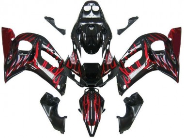 Lojas Carenagens Moto Yamaha YZF 600 R6 1998-2002 - Preto Brilhante Vermelho Chama