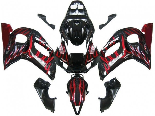 Lojas Carenagens Moto Yamaha YZF 600 R6 1998-2002 - Preto Brilhante Vermelho Chama