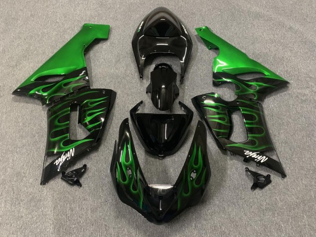 Lojas Carenagens Moto Kawasaki ZX6R 2005-2006 - Preto Brilhante Verde Chama