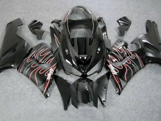 Lojas Carenagens Moto Kawasaki ZX6R 2005-2006 - Preto Brilhante Vermelho Branco Chama