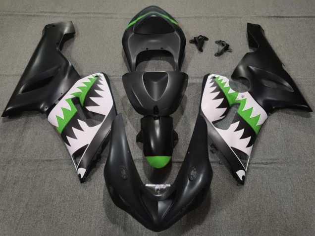 Lojas Carenagens Moto Kawasaki ZX6R 2005-2006 - Preto Fosco Branco Verde Tubarão