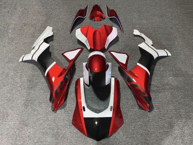 Lojas Carenagens Moto Yamaha YZF 1000 R1 2015-2019 - Branco Vermelho Falso Fibra de Carbono