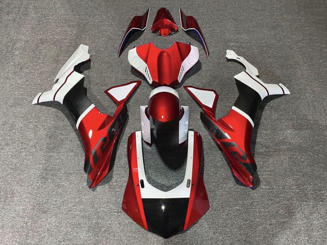Lojas Carenagens Moto Yamaha YZF 1000 R1 2015-2019 - Branco Vermelho Falso Fibra de Carbono