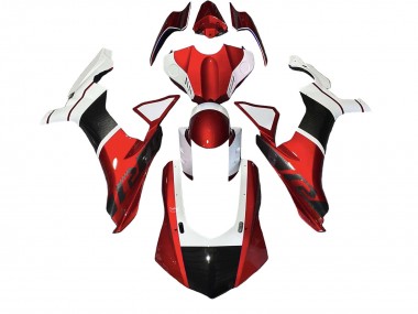 Lojas Carenagens Moto Yamaha YZF 1000 R1 2020-2025 - Branco Vermelho Falso Fibra de Carbono